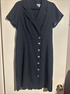 Shelby & Palmer Navy and White Pinstripe Button-Front Midi Dress